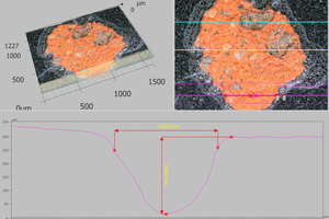  »14 3D-Bild (linkes Bild oben) und 3D-Tiefenprofil (darunter) einer Fehlerstelle auf einer Dachziegeloberfläche 