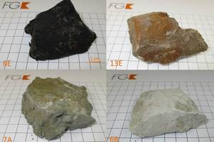  »3 Samples of the clays from four horizons at the opencast mines Inden (Rur block; sample 6E) and Hambach (Erft block, samples 13E and 7A and 6B). Assignment of the figures to the horizons of the deposit: cf.  