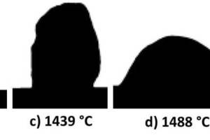  »8 Results of the hot-stage microscopy based on the example of sample 13E: a) Start of the analysisb) Softening pointc) Spherical pointd) Hemisphere pointe) Yield point 