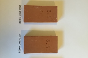  <div class="bildtext"><span class="textmarkierung">»4 </span>Samples with different additions of iron oxide, fired at 950°  C</div> 