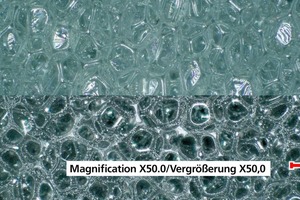  »2 Light microscope image of the fully open-pore filter foam with 60 ppi (bottom) and the not fully open-pore foam with 60 ppi (top) 