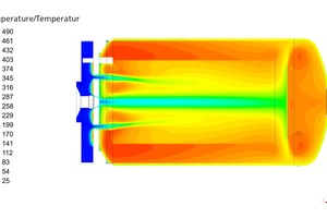  »2 CFD simulation of evaporator – simulated temperature profile (left) and flow field (right) for the final-design evaporator in operation with HHO at 100 kW input power and λ = 0.13 