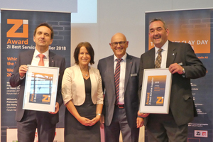  » Händle, represented by Dietmar Heintel (left), Gerhard Fischer and Michael Gulden (right), receive the certificate for second place as “Zi Service Supplier 2018” from Zi editor Anett Fischer at ceramitec 2018  