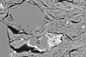  »7 SEM-Aufnahme: Zuordnung der Indents aus den Nanoindentationsmessungen zu einzelnen Strukturen, eine Kopplung mit den Ergebnissen der EDX Messungen ermöglicht die Identifikation der indentierten Materialphasen 