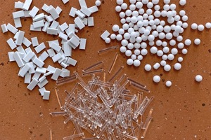  <div class="bildtext_en"><span class="bildnummer">»1 </span>Pore-formers with different geometry made of High Impact Polystyrene (HIPS) (top left), Expanded Polystyrene (EPS) (top right) and Polylactic Acid (PLA) (bottom) used in the study.</div> 