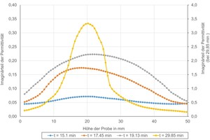  » Abbildung 9: Imaginärteil der Permittivität in Z-Richtung (Probenhöhe). Hinweise: Für eine bessere Visualisierung wurde für die Prozesszeit t=29,85 min eine y-Skala auf der rechten Seite der Grafik eingeführt) 