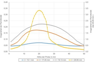  » Abbildung 9: Imaginärteil der Permittivität in Z-Richtung (Probenhöhe). Hinweise: Für eine bessere Visualisierung wurde für die Prozesszeit t=29,85 min eine y-Skala auf der rechten Seite der Grafik eingeführt) 