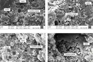  » Abbildung 11: REM-Aufnahmen von Bruchflächen der Geopolymer-Chargen BS_1, BS_2, BS_3 und BS_4 mit ansteigenden Gehalten an Ziegelmehl jeweils in der Vergrößerung 2 kx 