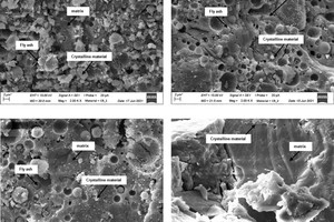  » Abbildung 12: REM-Aufnahmen von Bruchflächen der Geopolymer-Chargen CR_1, CR_2, CR_3 und CR_4 mit ansteigenden Gehalten an Betonbauschutt jeweils in der Vergrößerung 2 kx 