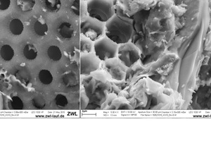  » Abb. 2: REM-Aufnahmen von Kieselalgen in Ziegelkeramik aus Mergel-Ton bei 5000-facher Vergrößerung. Die Brenntemperatur betrug 900 °C. Links: Morphologie und Feinstruktur des Kieselalgen-Gerüsts blieben erhalten. Rechts: Bienenwabenförmige Kieselalge ist mit umgebender Ziegelkeramik versintert [6] 