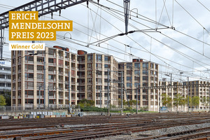   » «Gleistribüne» Wohn- und Geschäftshäuser, Esch Sintzel GmbH, Architekten ETH BSA SIA, Winner Gold Wohnungsbau/Geschosswohnungsbau beim Erich-Mendelsohn-Preis 2023 für Backstein-Architektur 
 Baujahr: 2017 - 2019  