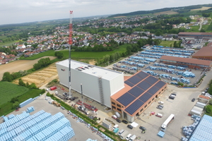   Drone view of the new logistics centre in the north-west of the company premises in Neufahrn in Lower Bavaria: Erlus is the first roof tile manufacturer in the world to use an automated high-bay warehouse  