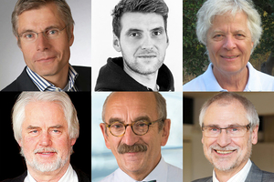   Die Referenten an den Mauerwerkstagen 2024 der süddeutschen Ziegelindustrie (von links oben nach rechts unten): Dipl.-Ing. Architekt Stefan Horschler (Inhaber des Büros für Bauphysik Hannover), B. Eng., MBA Julius Grimm, Geschäftsführer der Grimm GmbH (Maselheim), Dipl.-Ing. Holger König, Inhaber der Ascona GbR (Gröbenzell), Dipl.-Ing. (FH) Josef Mayr, Sachverständiger für Brandschutz und Hauptautor des Brandschutzatlasses, Prof. Jürgen Ulrich (Vorsitzender Richter am Landgericht Dortmund im Ruhestand und Mitglied des Landesjustizprüfungsamtes im Justizministerium NRW) und Moderator Dipl.-Ing. Hans Peters   