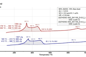  »13: Thermoanalyse von 10 M.-% Sägemehl und 90 M.-% α-Al2O3, ohne (rot) und mit 81 % Wasserdampf (blau), Heizrate 5 K/min 