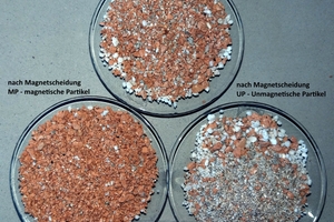  »Figure 1: View of the feed material, the brick fraction separated from it and the residual fraction. Picture notation:Sample G 0.5 – 4 mm before magnetic separationAfter magnetic separationMP     magnetic particlesUP     non-magnetic particles 