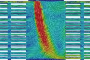  »Fig. 34: CFD calculation of the deflection of a high-velocity burner flame in the 60-cm-wide firing lane of a high-efficiency kiln with clay block setting 
