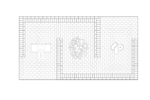  » The roofless pavilion consists of two offset and interlocking U-shaped wall structures that form three rooms. There is a birch tree in the centre room 