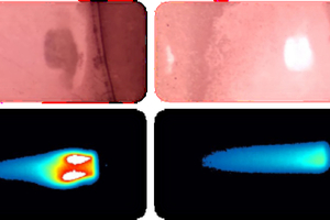  »Abbildung 3: Mit Erdgas (links) betriebener bestehender Brenner sowie mit 20 % H2 (rechts) bei ca. 1200 °C. Oben Aufnahmen mit einer Kamera im sichtbaren Bereich und unten mit einer UV-Kamera 