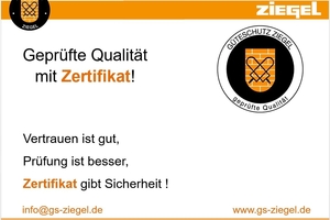  » Das Gütezeichen „geprüfte Qualität“ als Produktqualitätszeichen dokumentiert, dass die keramischen Produkte von Mitgliedern des Güteschutz Ziegel mit diesem Gütezeichen qualitativ abgesichert und normkonform hergestellt und durch eine unabhängige Stelle überwacht sind 