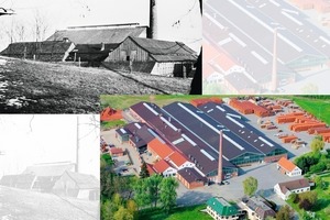  &gt;&gt;1 Undatierte historische Aufnahme des Creaton-Stammwerks in Wertingen und eine Luftaufnahme nach der jüngsten Modernisierung im Jahr 2008 