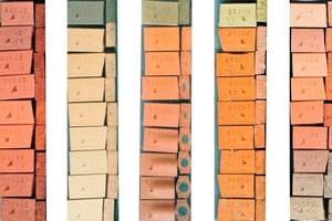  »6 Unfired and fired laboratory sample halves of various clay-based ceramic materials (increasing firing temperature working downwards) 