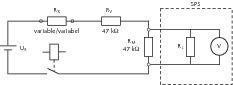  ››2 Auswerteschaltung der elektrischen Leitfähigkeit
RX – elektrischer Widerstand der Keramik
RV – Vorwiderstand
RM – Messwiderstand
RL – Lastwiderstand (Eingangswiderstand der SPS)
UB – Gesamtspannung 