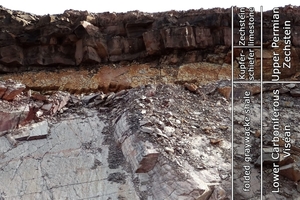  »7 Erosionsdiskordanz Zechstein / Unterkarbon mit einer Schichtlücke von rund 90 Millionen Jahren / Thüringer Wald (2012) 