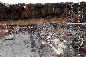  »7 Erosional disconformity Zechstein / Lower Carboniferous with a stratigraphic gap (hiatus) of some 90 million years / Thuringian Forest (2012) 