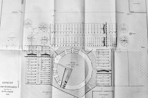  »5 Draft drawing of a brickmaking plant with „ring oven“ (annular kiln) by Albrecht Türrschmiedt (from table in „Notizblatt …“, vol. 1, 1868) 