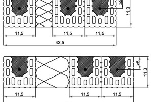  ››7 Possible arrangements of tension booms for flat lintels with thermal insulation provided on site by the builder (wall thicknesses 42.5 and 49.0 cm). Insulating material according to DIN EN 13162, DIN EN 13163, DIN EN 13164, DIN EN 13165 or DIN EN 13166. Building material class at least normally inflammable 