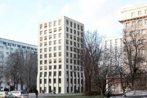  »4 Zweitplatzierte wurde Charlotte Knorr mit ihrem Entwurf „Apartment-Wohnen“. Sie schafft eine architektonische Verbindung zwischen Plattenbauten und „Arbeiterpalästen“ aus den 1950er-Jahren in der Karl-Marx-Allee 