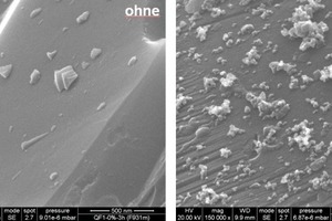  »1 Probe ohne Zusatz (links) und mit 1,5 % des Coatingmaterials Nanoalumina (rechts) im Raster-Elektronen-Mikroskop  