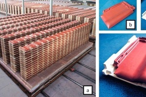  »1 Herstellung von Dachziegeln: (a) Gutstapel auf den Tunnelofenwagen, (b) Dachziegel mit Kassette (Einzelzelle), (c) Kassette, (d) Dachziegel mit Kassette (Einzelzelle) 