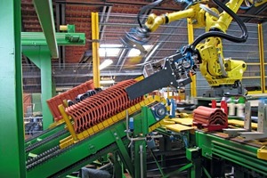  »4 If the production process calls for rearranging  bricks from one conveyor on another, or even turning them around along the way, a gooseneck robot with a fifth and sixth axis – like an R-2000i – is the right answer 