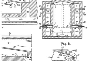  »2 In Längs- und Deckenkanälen geführtes Umwälzsystem mit externen Ventilatoren  - Patent Hanley (der Original­patentschrift entnommen) 