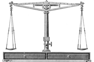 »1 Balkenwaage [1], bei welcher im ausgeglichenen Zustand beide Seiten das gleiche Gewicht tragen 